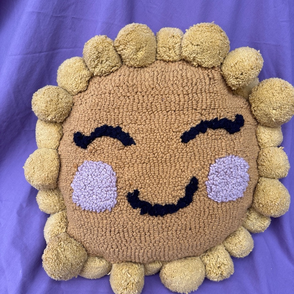 HAVE A NICE DAY decorative pillow 12 in round yellow happy face NWOT pom poms